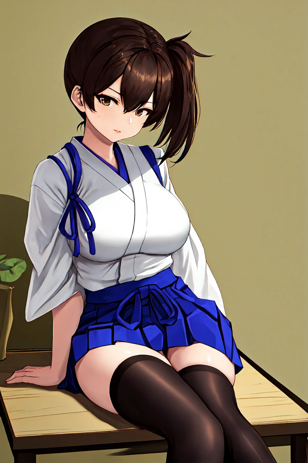 best quality, masterpiece, highres, solo, {kaga_kantaicollection:1.15}, brown_hair, side_ponytail, brown_eyes, short_hair, breasts, long_hair, 1girl, hakama, hakama_skirt, japanese_clothes, skirt, tasuki, hakama_short_skirt, blue_hakama, looking_at_viewer, muneate, simple_background, black_thighhighs, large_breasts, sitting, thighhighs