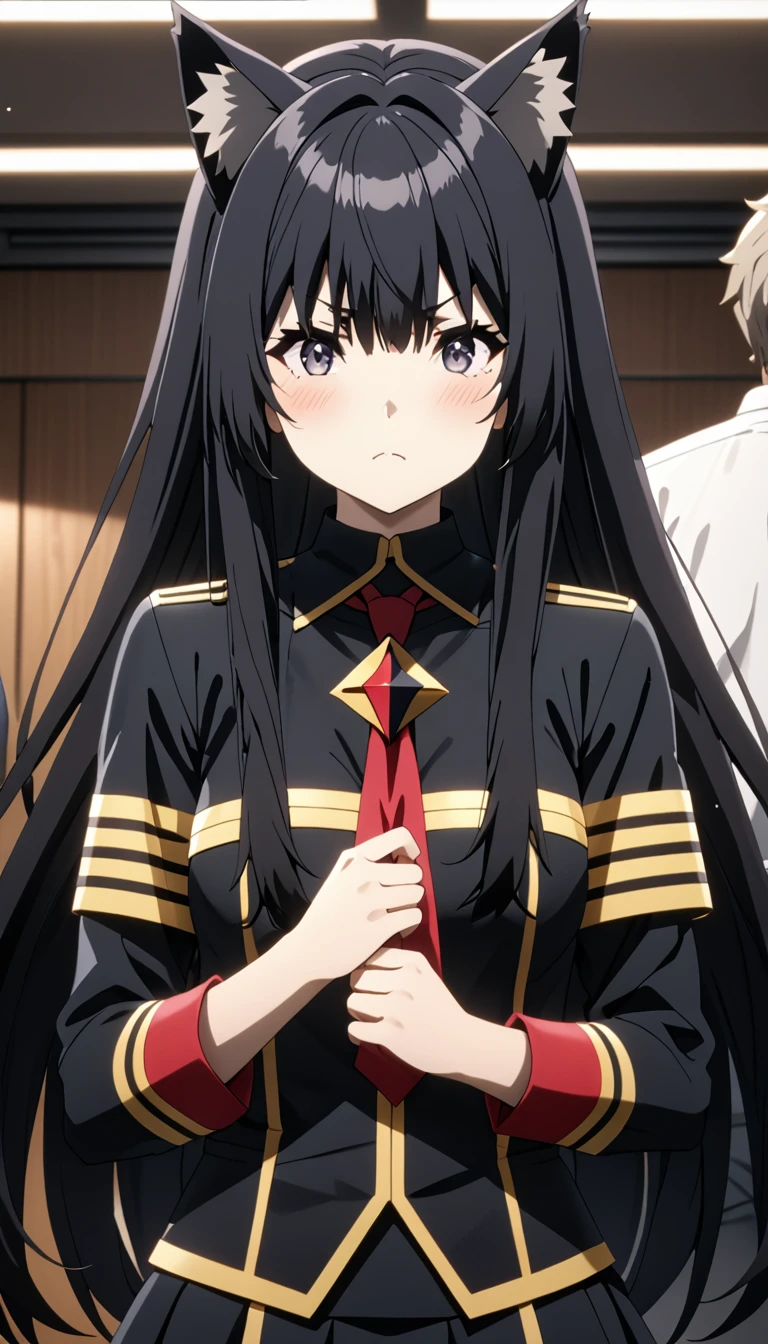(Masterpiece、Highest quality、Very detailed、4K)、One Woman、17 years old、(I want to be a secret power)、Black Hair、Long Hair、((delta))、Cat ear、