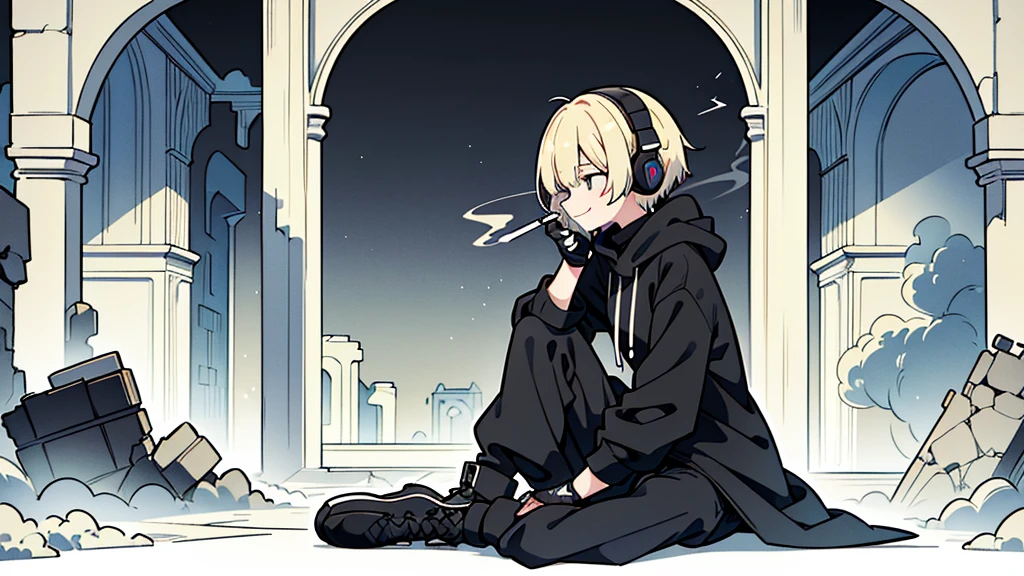 ((highest quality)), ((masterpiece)), (be familiar with), (Sitting in the dark ruins)perfect face,white half-up hair,green mesh blonde、Smoke a cigarette、cool black hoodie,headphones,black gloves,turtleneck,alone,İcon、profile、Right beside、Expressionless、smile、Light-colored clothing