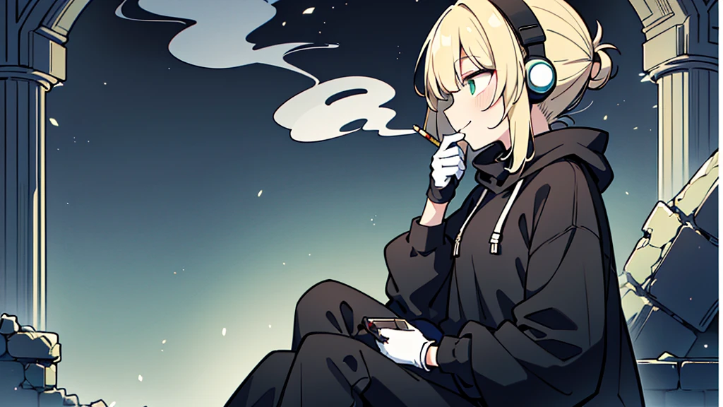 ((highest quality)), ((masterpiece)), (be familiar with), (Sitting in the dark ruins)perfect face,white half-up hair,green mesh blonde、Smoke a cigarette、cool black hoodie,headphones,black gloves,turtleneck,alone,İcon、profile、Right beside、Expressionless、smile、Light-colored clothing