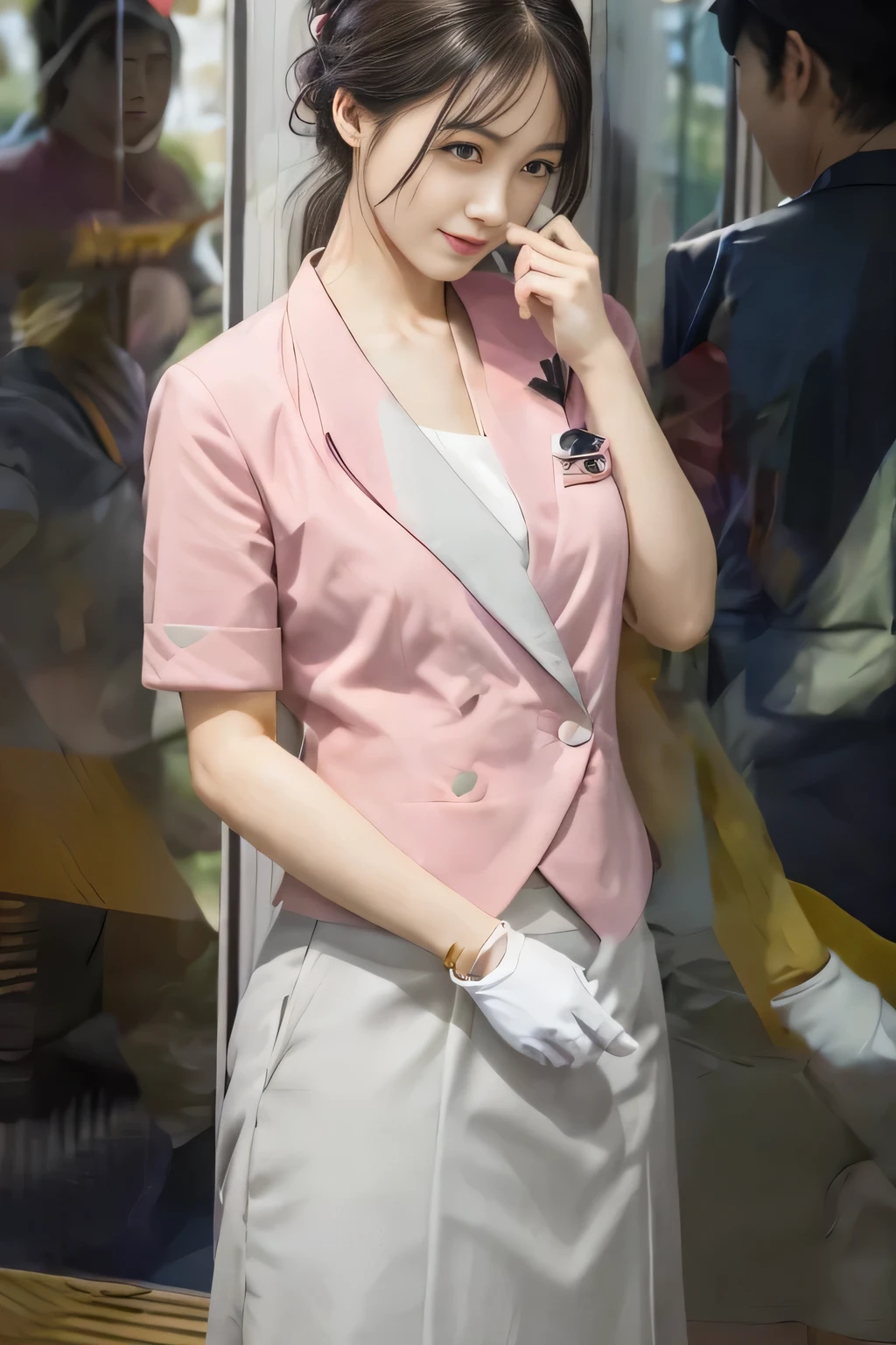 (masterpiece:1.2, Highest quality:1.2), 32k HDR, High resolution, (alone、1 girl)、 (Height: 160cm)、（On the rooftop of a building in the daytime、Professional Lighting）、Building rooftop background、（Nankai train crew uniform pinkを着たリアルスタイル）、（Nankai train crew uniform pink short sleeve collarless pink jacket、Nankai Train Crew Uniform Pink Collarless Short Sleeve Blouse、Nankai Train Crew Uniform Pink Grey Knee-length Culottes）、（The pink jacket is showing from the culottes.）、Dark brown hair、（Hair tied up、Hair tied up、Evening curly hairstyle）、Dark brown hair、Long Shot、Big Breasts、Thin legs、（（Great hands：2.0）），（（Harmonious body proportions：1.5）），（（Normal limbs：2.0）），（（Normal finger：2.0）），（（Delicate eyes：2.0）），（（Normal eyes：2.0））)、smile、（Nankai Train Crew Uniform Pink Grey Knee-length Culottesを見せた美しい歩く姿）、Place your hands around your stomach、Lanyard employee ID card