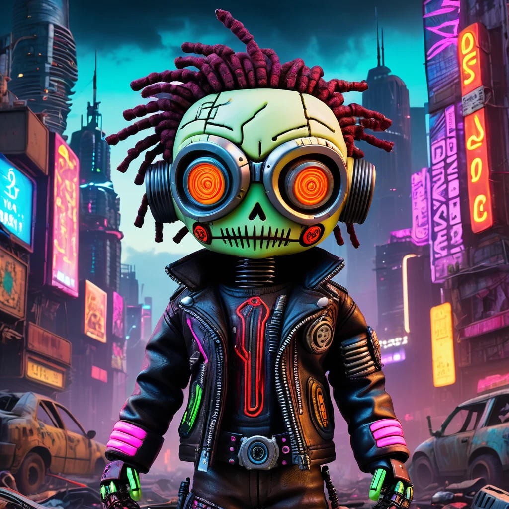 (knitted toy voodoo doll:1.2), (Voodoo Cyberpunk Rebel:1.3), (Clothing: neon-lit leather jacket with cybernetic implants, glowing goggles:1.3), (background: post-apocalyptic cityscape with crumbling skyscrapers, neon signs, and smog-filled sky:1.2), best quality, masterpiece, detailed soft oil painting, detailed background, dramatic cinematic lighting, soft edge lighting, professional, dramatic lighting, hard edge lighting, ultra quality, 4k,masterpiece, best quality, 8k, ultra highres, highres, extremely detailed