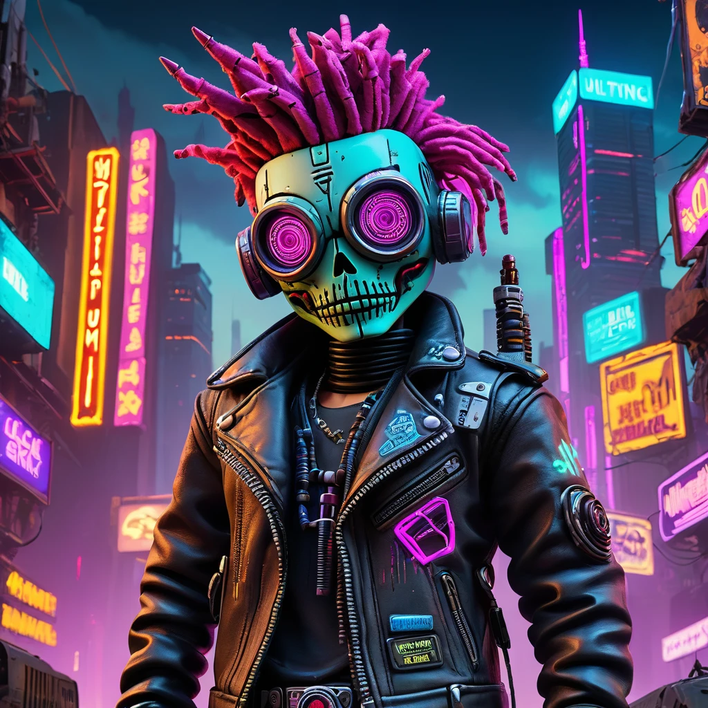 (knitted toy voodoo doll:1.2), (Voodoo Cyberpunk Rebel:1.3), (Clothing: neon-lit leather jacket with cybernetic implants, glowing goggles:1.3), (background: post-apocalyptic cityscape with crumbling skyscrapers, neon signs, and smog-filled sky:1.2), best quality, masterpiece, detailed soft oil painting, detailed background, dramatic cinematic lighting, soft edge lighting, professional, dramatic lighting, hard edge lighting, ultra quality, 4k,masterpiece, best quality, 8k, ultra highres, highres, extremely detailed