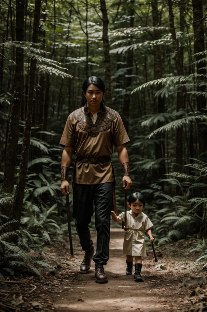 a young Xinca with dark hair and bright eyes, walking through the forest with his grandfather, who has a staff carved with Xinca symbols.