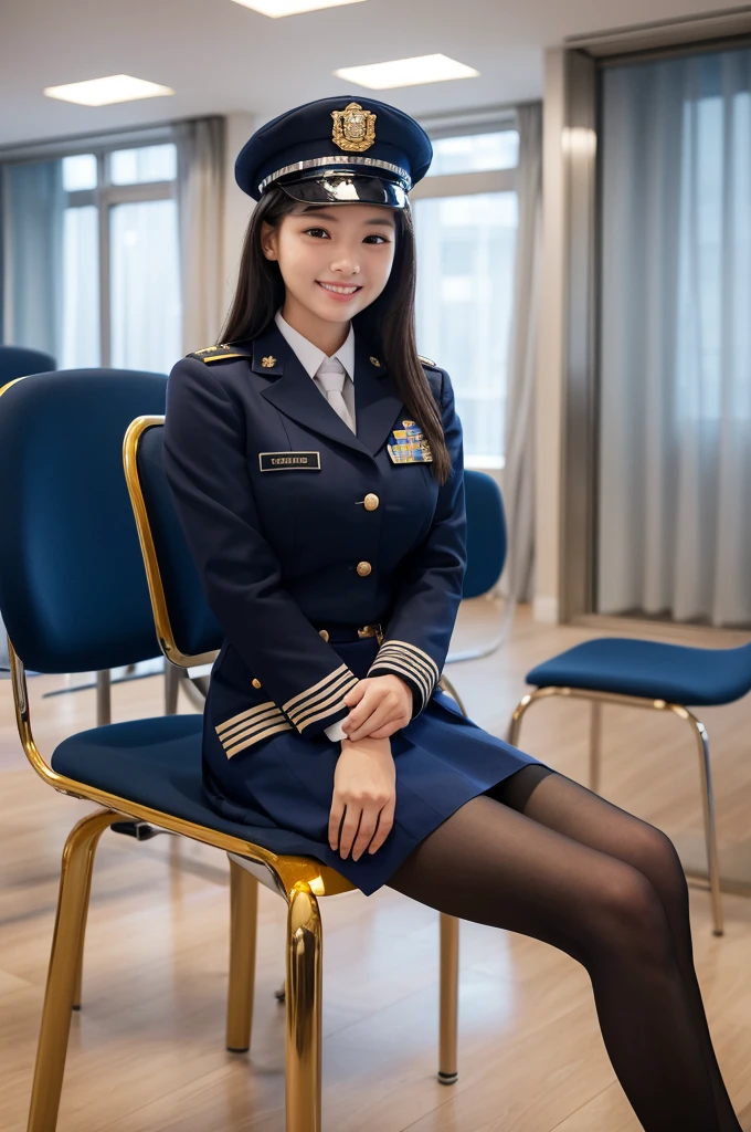 (Highest Resolution, clear_image) 、(Beautiful girl with golden ratio face)、wonderful, Tabletop, Attention to detail, Lip gloss、Very cute girl、 alone, Beautiful girl like a model、smile、Woman in uniform, Tight Skirt、Police uniform, board member, Wearing a uniform and sitting on a chair、conference room, Blue Uniform, Bobby、security guard、Black Pantyhose