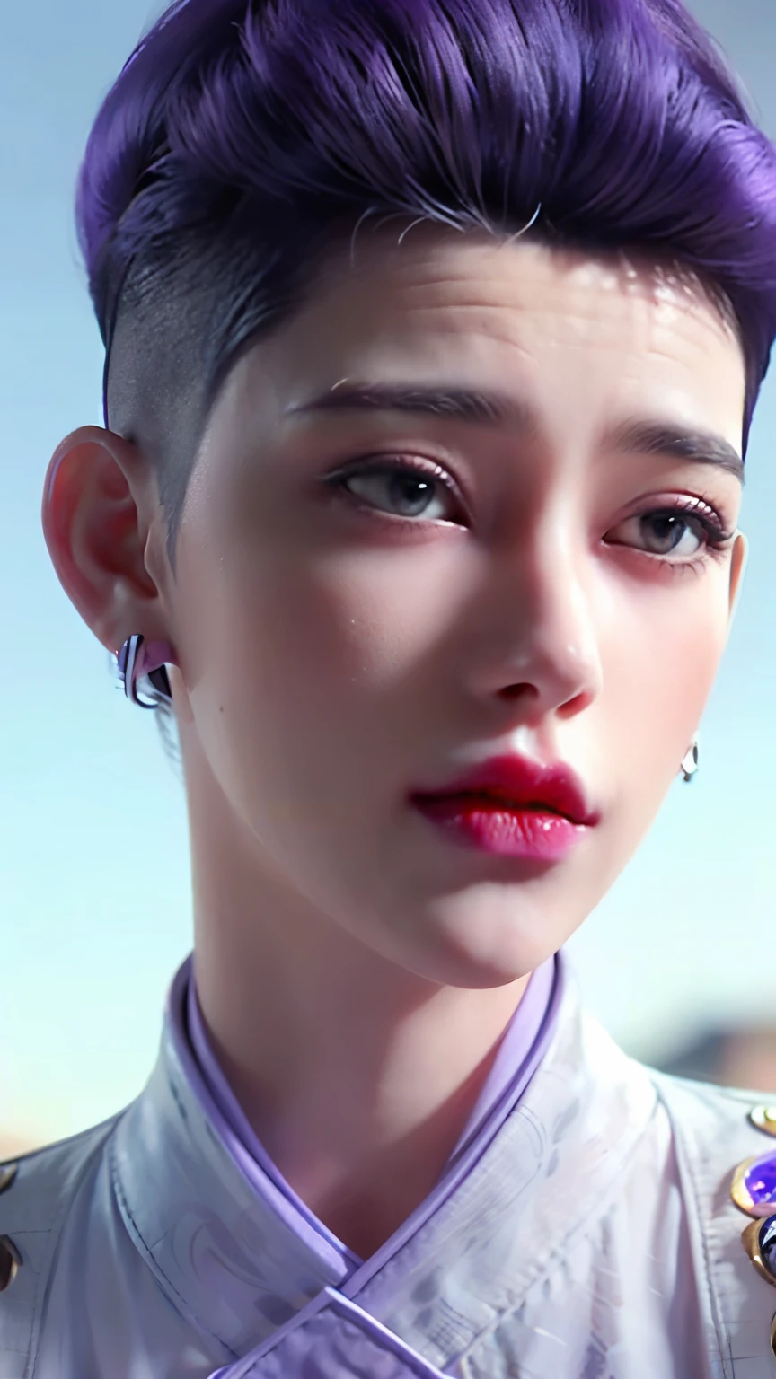 (hi-top fade:1.3), length purple hair, close up 