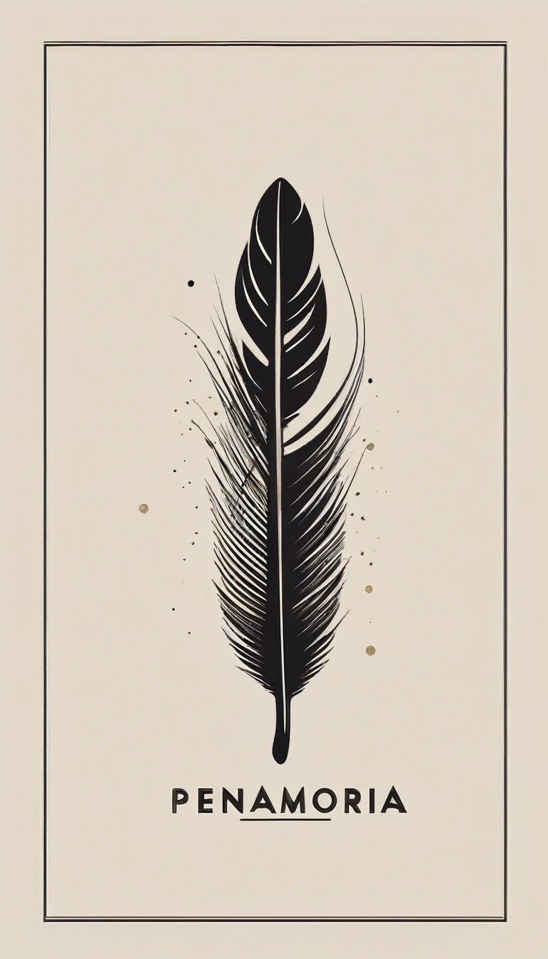 A minimal, modern, simple, cinematic logotype for the brand “Penamemoria". The logotype must be a simple, magical feather and a boy playing acoustic guitar. The logo must convey a sense of music, stories and dreams. Logo design impressed on a book cover. Minimalistic logo