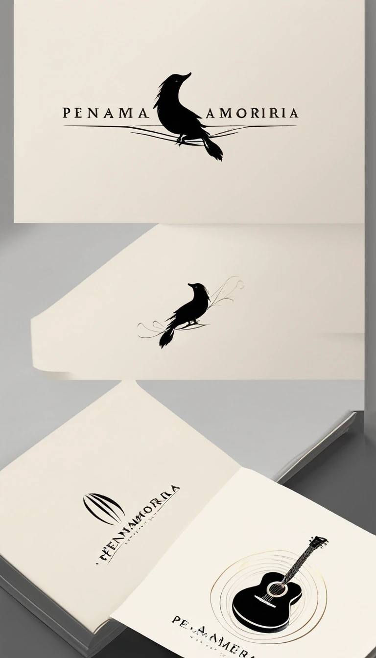 A minimal, modern, simple, cinematic logotype for the brand “Penamemoria". The logotype must be a simple, magical feather and a boy playing acoustic guitar. The logo must convey a sense of music, stories and dreams. Logo design impressed on a book cover. Minimalistic logo