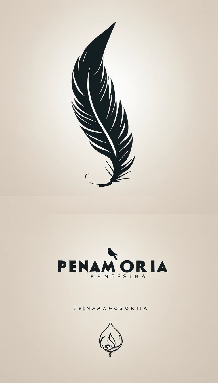 A minimal, modern, simple, cinematic logotype for the brand “Penamemoria". The logotype must be a simple, magical feather and a boy playing acoustic guitar. The logo must convey a sense of music, stories and dreams. Logo design impressed on a book cover. Minimalistic logo
