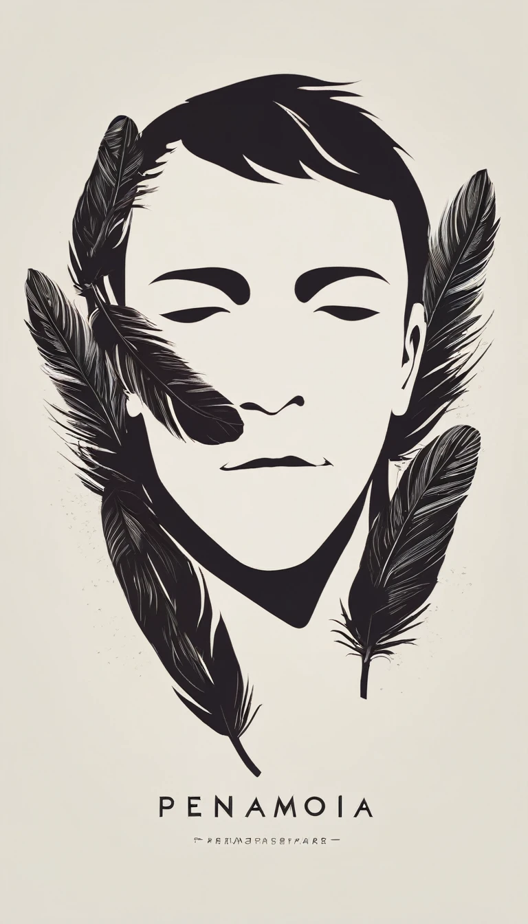 A minimal, modern, simple, cinematic logo design e of a boy with a head full of feathers for the brand “Penamemoria" .