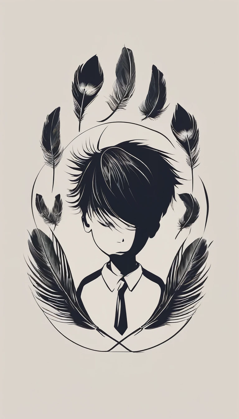 A minimal, modern, simple, cinematic logo design e of a boy with a head full of feathers for the brand “Penamemoria" .