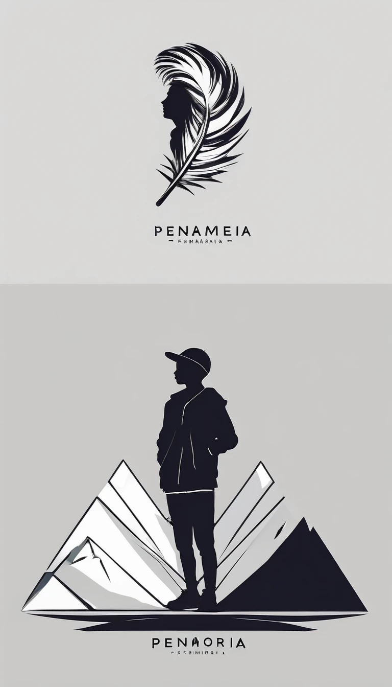 A minimal, modern, simple, cinematic logo design e of a boy with a head full of feathers for the brand “Penamemoria" .