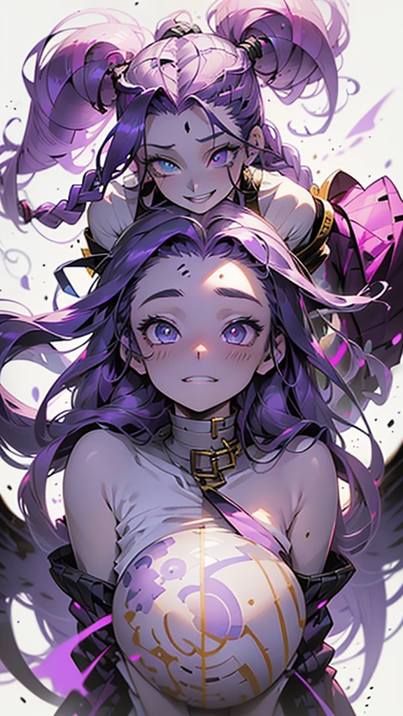 cheerful boy aristocrat open forehead. dark purple hair braided in a ponytail on the left side to one side. sinuous black horns wrapped in dark purple ribbon. pale violet eyes. in short dark purple shorts. long white T-shirt. dark purple knee-high socks. a white long robe with a hood flutters in the wind. black ancient stone walls of the castle purple light from lamps with gold ornaments, heterochromia, long curly hair, pale skin, I look at the viewer, closed mouth, bright smile, Beautiful, extremely detailed eye, Absolutely amazing art, extremely detailed, Digital art of the highest quality, full length, old piano, ancient walls of a stone castle