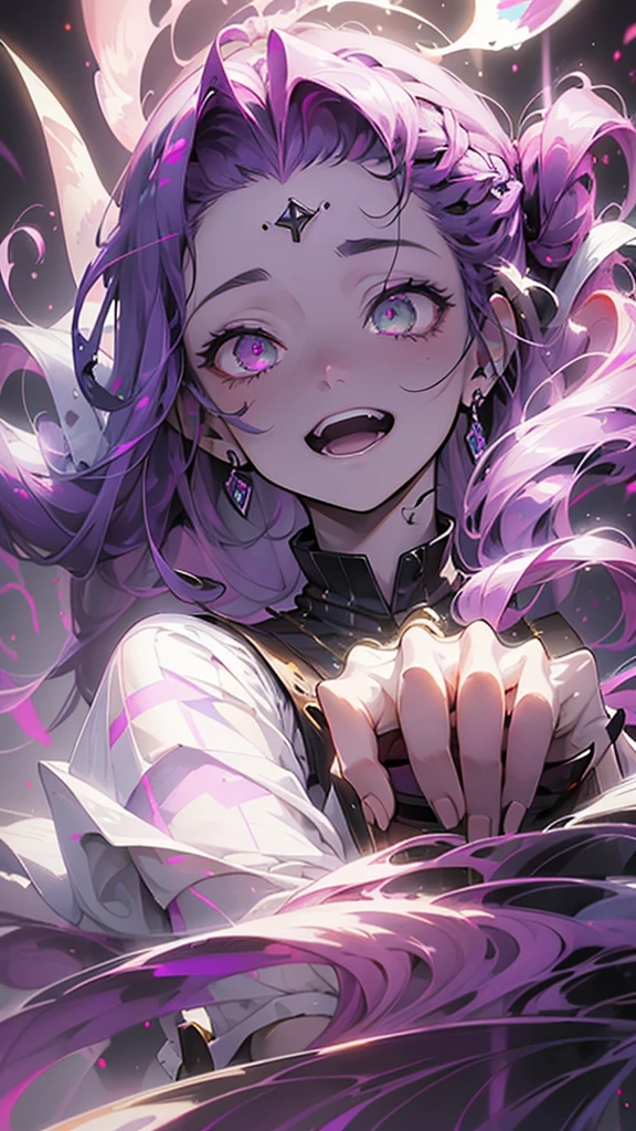 cheerful boy aristocrat open forehead. dark purple hair braided in a ponytail on the left side to one side. sinuous black horns wrapped in dark purple ribbon. pale violet eyes. in short dark purple shorts. long white T-shirt. dark purple knee-high socks. a white long robe with a hood flutters in the wind. black ancient stone walls of the castle purple light from lamps with gold ornaments, heterochromia, long curly hair, pale skin, I look at the viewer, closed mouth, bright smile, Beautiful, extremely detailed eye, Absolutely amazing art, extremely detailed, Digital art of the highest quality, full length, old piano, ancient walls of a stone castle