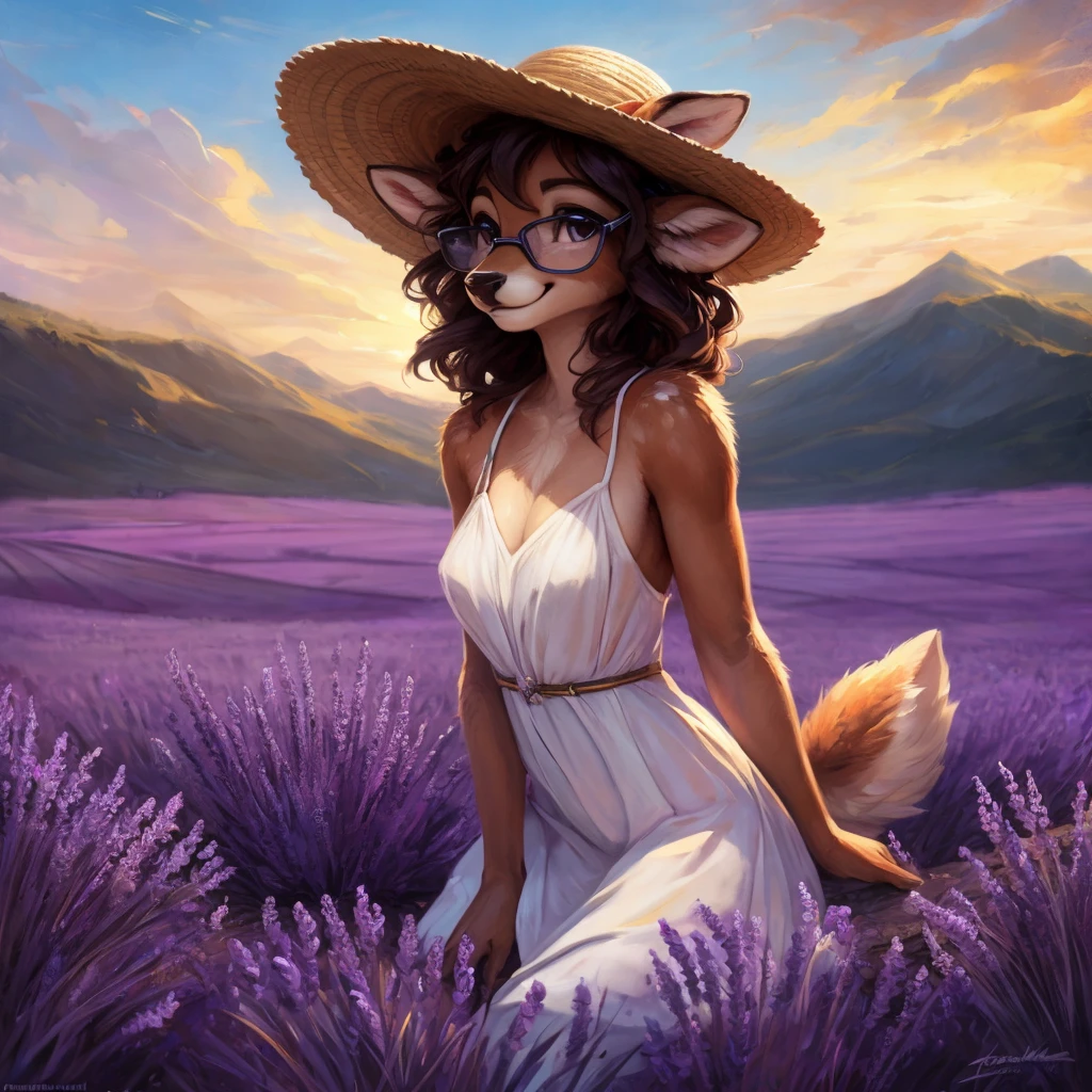 uploaded on e621, by Pixelsketcher, by Bayard Wu, by Thomas Benjamin Kennington , by Einshelm, by hioshiru and kenket, Chunie, portrait, solo anthro female deer doe, with small featureless breasts, clear dark blue, cinematic lighting, day, sunny day, lavender field, stays in a lavender field, lavender field background, mediterranean background, horizon background, shiny, short curly dark brown hair, wears big black nerd glasses, very very beautiful furry art, furry art, smiling, joyful, shiny, happy, feminine, cute face, muzzle, fluffy chest, flawless face, Fallow deer, 1girl, Sakimichan is beautiful, Masterpiece, Wavethesallow Face, shiny, Detailed image, portrait, Detailed image, portrait, full body, wearing pure white and wide spaghetti straps dress, wearing big and wide beige summer straw hat, shiny, realistic face, perfect anatomy, hourglass body, (furry body:1.1), anthropomorphic deer, looks at the viewer, small fluffy tail, detailed background, (cute anatomy:1.1), stands in a lavender field
