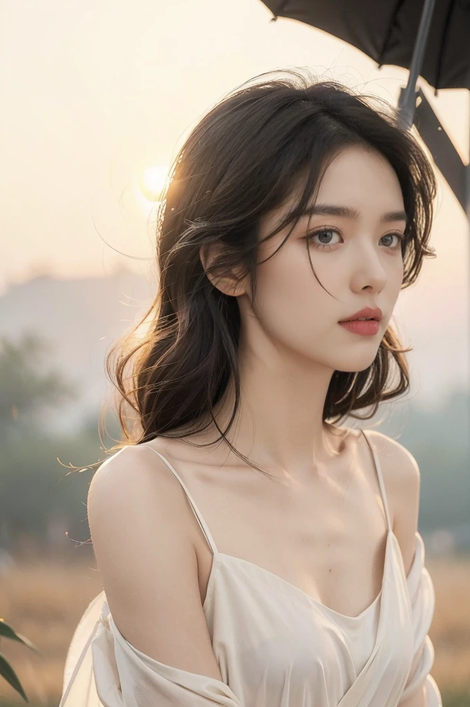 (((best quality))),(((ultra detailed))),(((masterpiece))),illustration,a girl, solo,slim,thin,flat chest,serene setting,(sunrise:1.5), simple dress,shoulder length straight bob hair, morning breeze, innocence,radiant face, teary eyes, clarity, rainy morning, picturesque scene, soil footprints, journey,warm, trees, path after rain, whispered words, wind fury, anchor,alone but not alone, love,(dawn:1.3),(summer:1.2),standing,from front,upper body
