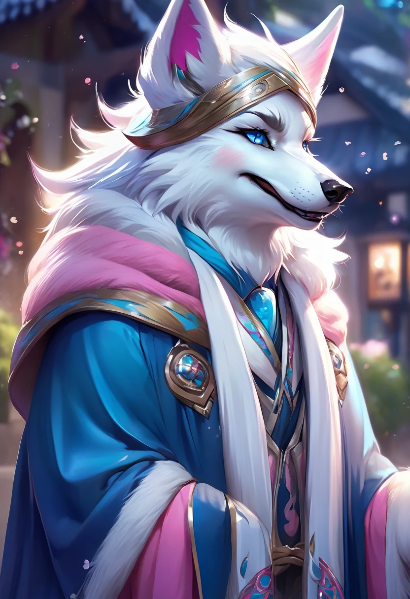 (masterpiece:1.4),(best quality:1.4),((Detailed facial features)),Wolf,male,Mage Clothing,robe,Blue and white fur,Glasses,Orcs,Orcs脸,delicate and pretty,Wolf脸,cute,Young,Introvert,精灵Wolf,Facial details,happy,Smile,Pink white ears,Light blue bangs,Dark blue outer ear,Pink and white inside of the ear,Young,Blue-green pupils,White face,Dark blue eyeliner