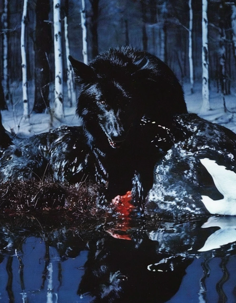 film photography, vintage, close up photo of black wolf eating white swan covered in blood in black water, blue dark forest night background