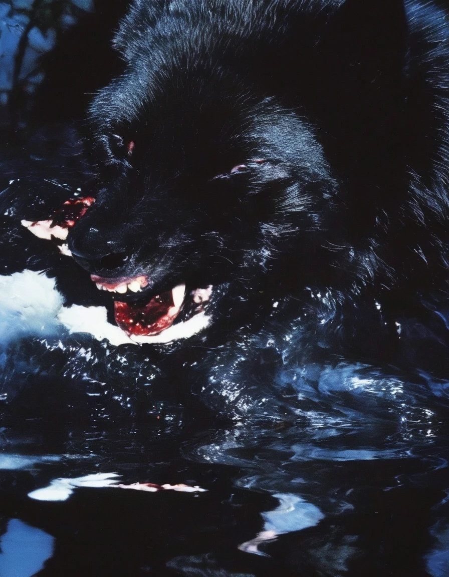 film photography, vintage, close up photo of black wolf eating white swan covered in blood in black water, blue dark forest night background