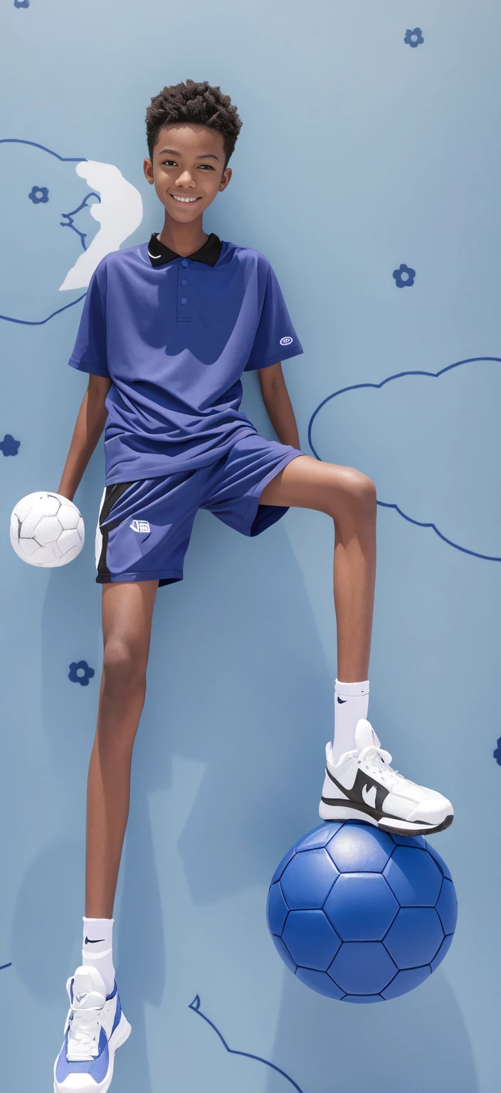 14 year old boy,(Wearing white tennis clothes,Black socks on feet),Dark skin,Big round eyes,Very short hair,Tall and skinny,Toothy Smile,Sharpen details,Knee muscle lines,Blue Background
