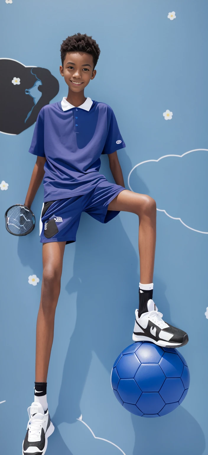14 year old boy,(Wearing white tennis clothes,Black socks on feet),Dark skin,Big round eyes,Very short hair,Tall and skinny,Toothy Smile,Sharpen details,Knee muscle lines,Blue Background