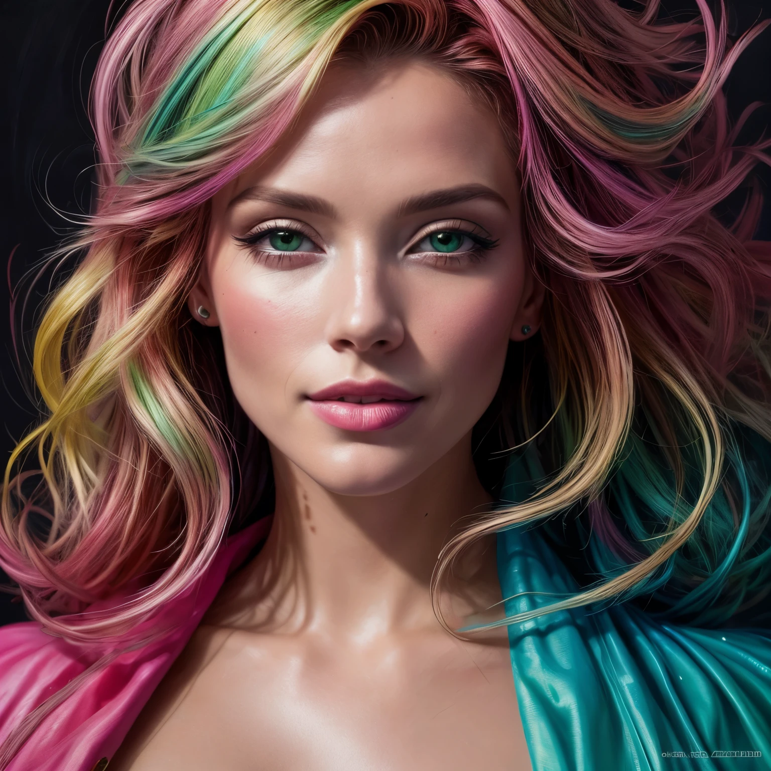 Beautiful and colorful woman: 35 years old woman, Messy hair, oil painting, beautiful and face perfect with soft skin, face perfect, pink green cores, light and violet magnetic additions, light red additions, doctor, wearing doctor's coat or suit holding  on lap intricate details home screen masterpiece in 8k resolution beautiful face photorealistic digital painting artstation smooth fluid black paint: Photorealistic masterpiece in 8K resolution: Intricately detailed gouache painting fluid: by John Baptist Mongue: handwriting : acrylic: water color art, professional photograpy, natural lighting, volumetric lighting maximalist photo illustration: by marton bobzert: complex, chic, expansive, Fantastic