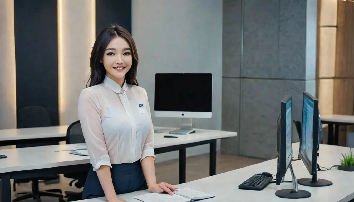 A beautiful Asian woman stands elegantly behind the counter of a computer tutoring center, dressed in professional office attire. She is smiling warmly, exuding grace and poise. The scene is brightly lit, with detailed attention to the background and lighting, enhancing the overall beauty, brightness, and professionalism of the setting.