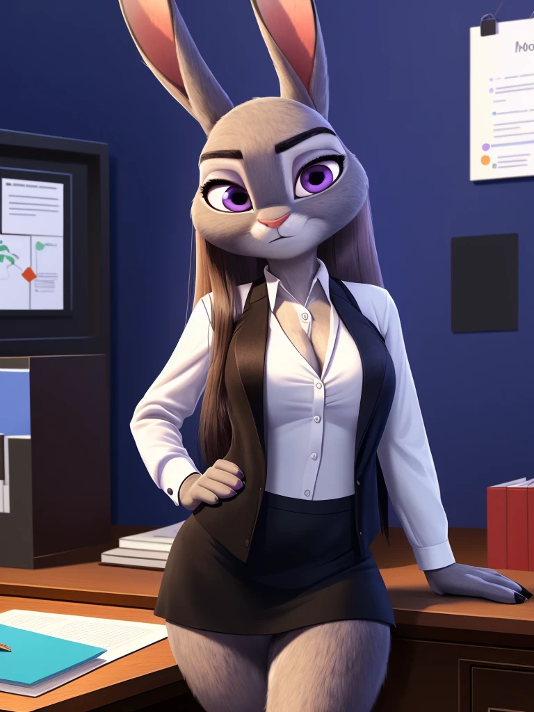 best quality,
masterpiece,
hyper Realistic,
ultra-detailed,
beautiful detailed,
Portrait,
Looking at the audience,
background is an office,
(Face is JudyHopps:1.15),
NamiFinal,
((long straight hair)),
wispy bangs, bangs,
purple eyes,
(arched eyebrows:1.1),
(uplift eyebrows:1.1),
(rabbit ears:1.1),
office lady is wearing suit,
((White blouse)),
((Black blazer jacket)),
((Black skirt)),
clothes made of cotton,
stomach is completely exposed,
Navel is completely exposed,
Cleavage is completely exposed,
((shoulder is completely exposed)),
(outfit is made of felt:1.4),
(((body is made fur))),
(((fluffy and fluffy))),
(furry:1.4),
human hands,
(solo:1.5),
(1 lady:1.5),
one character only
alone,
Perfect Anatomy