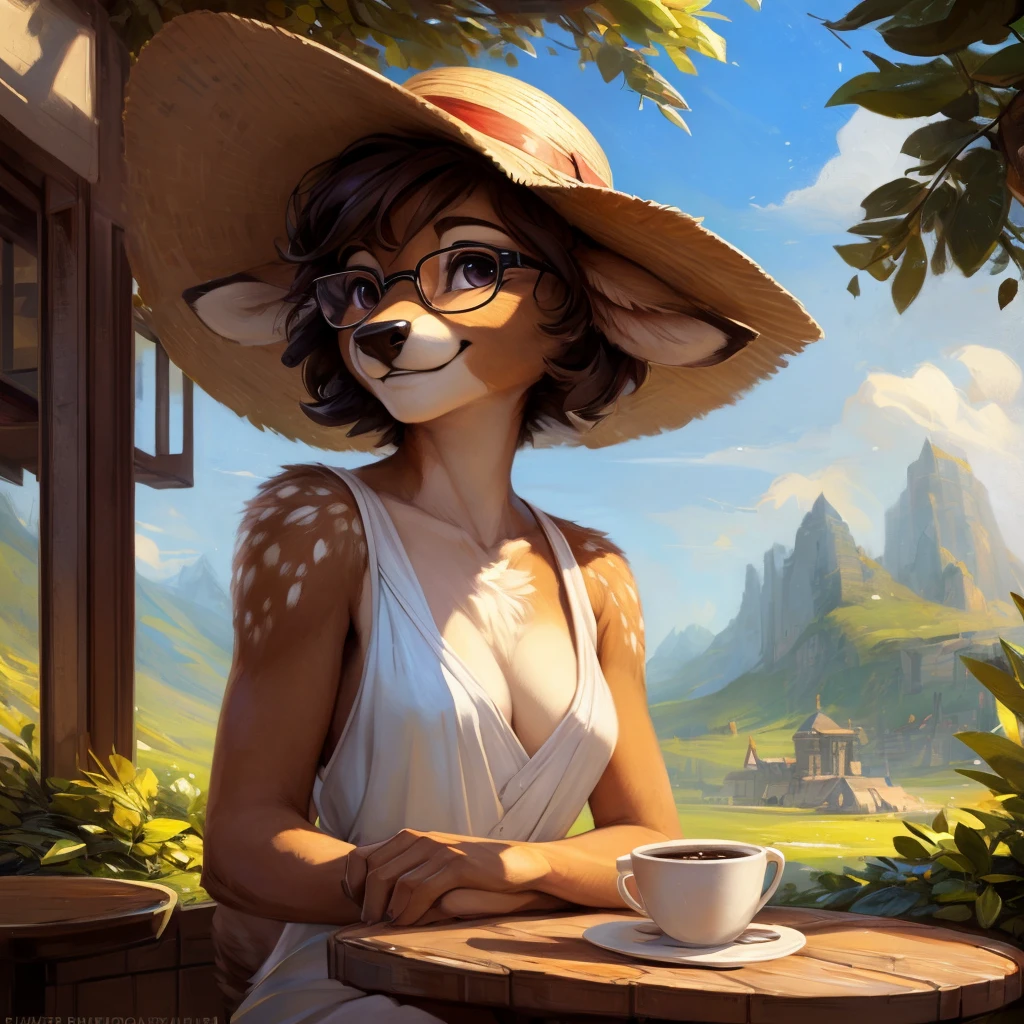 uploaded on e621, by Pixelsketcher, by Bayard Wu, by Thomas Benjamin Kennington , by Einshelm, by hioshiru and kenket, Chunie, portrait, solo anthro female deer doe, tiny featureless breasts, tiny breasts, clear dark blue, cinematic lighting, day, sunny day, sitting outside at a café, café background, french background, old french background, shiny, short curly dark brown hair, short hair, wears big black nerd glasses, very very beautiful furry art, furry art, thoughtful, shiny, feminine, cute face, muzzle, fluffy chest, flawless face, Fallow deer, 1girl, Sakimichan is beautiful, Masterpiece, Wavethesallow Face, shiny, Detailed image, portrait, Detailed image, portrait, wears pure white wide, big blouse, wears beige summer straw hat, shiny, realistic face, perfect anatomy, hourglass body, anthropomorphic deer, happy, very happy, small ears, huge black nerd glasses, wide happy eyes, look at viewer, smiles, big smile, holds with both hands a cup of coffee, hourglass body, (furry body:1.1), anthropomorphic deer, small fluffy tail, detailed background, (cute anatomy:1.1), looks into the distance
