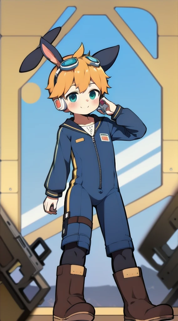 2D Boy Shota，One-piece mountaineering suit，Slim, healthy body，Put the headphones on your head，stand up，goggles，Rabbit ears，happy，Sailor collar，tie，Zipper pulled down，boots