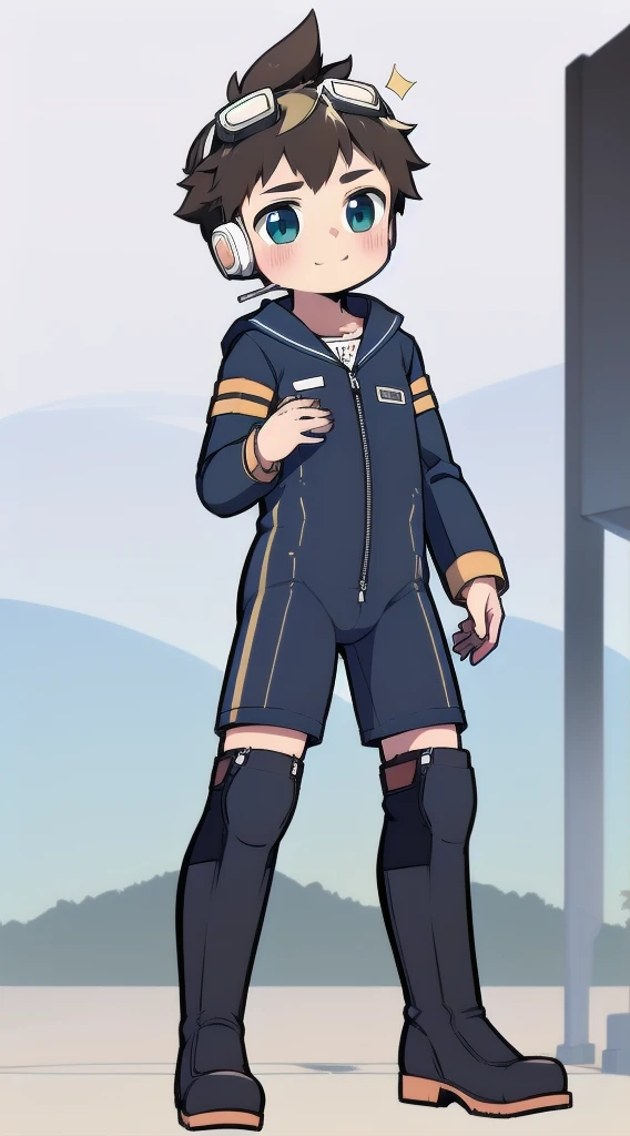 2D Boy Shota，One-piece mountaineering suit，Slim, healthy body，Put the headphones on your head，stand up，goggles，Rabbit ears，happy，Sailor collar，tie，Zipper pulled down，boots