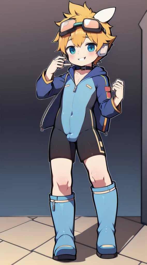 2D Boy Shota，One-piece mountaineering suit，Slim, healthy body，Put the headphones on your head，stand up，goggles，Rabbit ears，happy，Sailor collar，tie，Zipper pulled down，boots