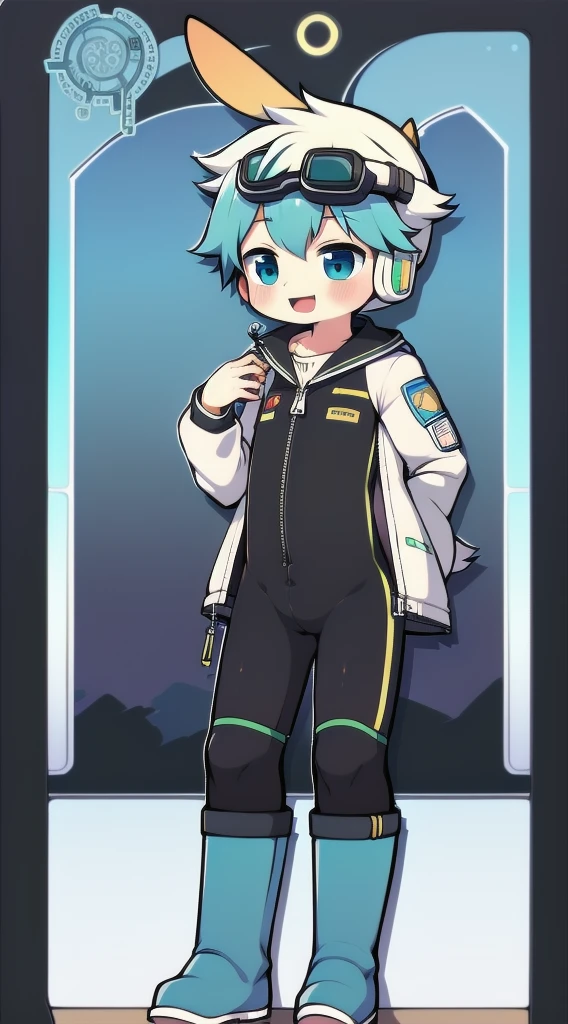2D Boy Shota,One-piece mountaineering suit,Slim, healthy body,Put the headphones on your head,stand up,goggles,Rabbit ears,happy,Sailor collar,tie,Zipper pulled down,boots