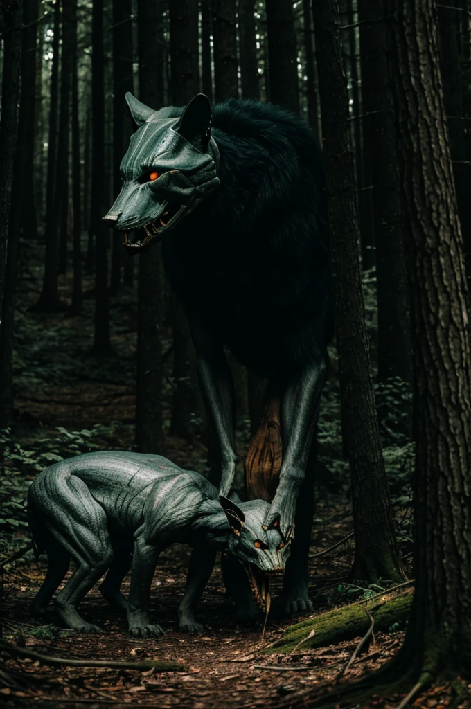 Humanoid skinwalker eating someone in a dark forest