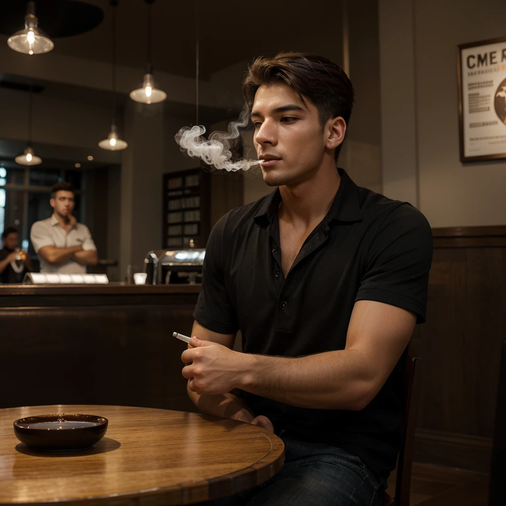 A handsome young man was sitting in a cafe, smoking a cigarette emitting smoke from his mouth, on the table there was a cup of black coffee. Daytime atmosphere 8k HDR clear quality