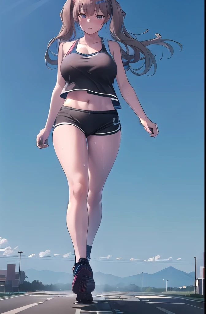 (huge breast), Pleasure, Long legs, Sweat,angelina_arknights,A woman seen from the side,Dressed Woman,Urban Background,fullbody,sportswear,giantess,Running woman,Cleavage,Underarm,navel,basketball,A woman bigger than the city,Smoke from shoes,bluesky