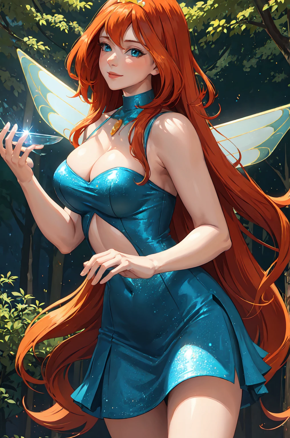 masterpiece, best quality, ultra-detailed, Bloom, milf, mature face, tall, thick, orange hair, blue eyes, bangs, long hair, fairy outfit, blue lingerie, sleeveless, blue skirt, sparkling clothing, fairy wings, tiara, standing, smile, in the forest, cowboy shot, realistic, volumetric lighting, intricate details, tonemapping, sharp focus, hyper detailed, Hot cleavage, Big breasts, 