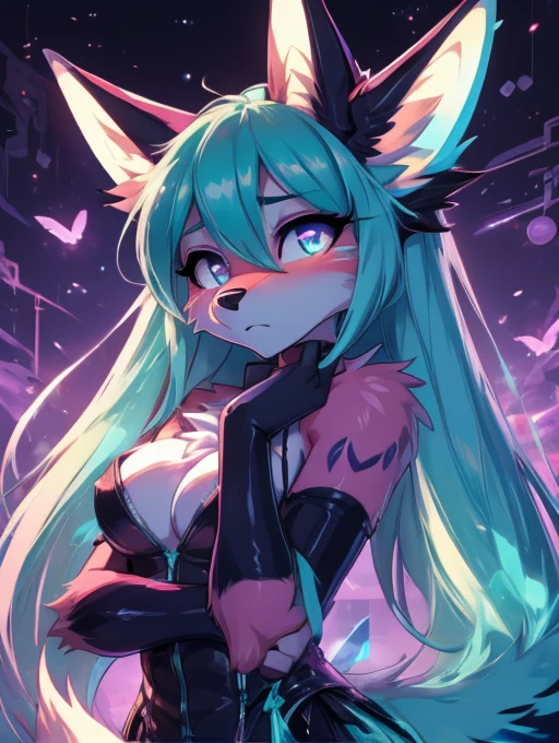 Miku Hatsune x vixen, primer plano  High Definition, jealous, hands together upset, High Definition, purple iris