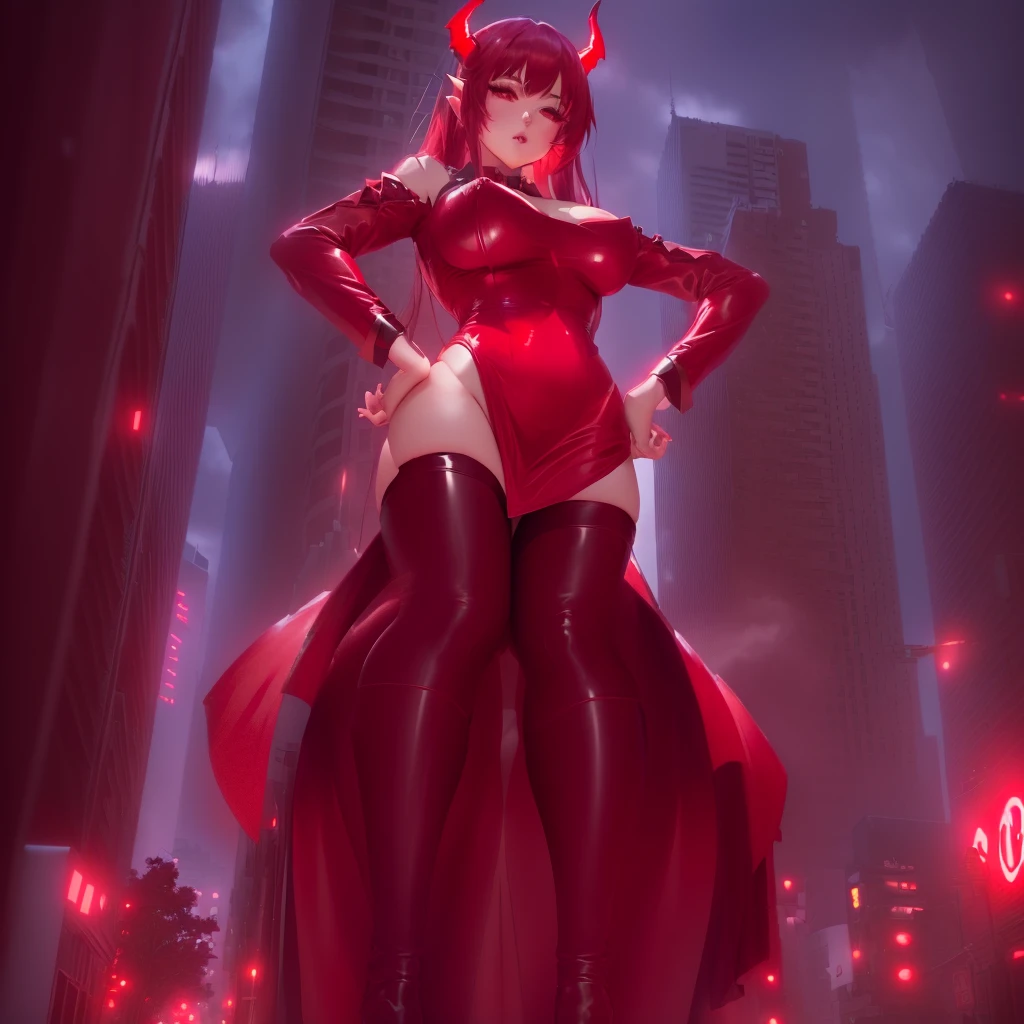 anime girl in a red costume with horns and stockings standing in the middle of a city, demon anime girl, Thick, mica demon, full body devil woman, succubus in short tight dress, artistically gigantic, strongest pose, oppai, Very sexy devil costume, female action anime girl