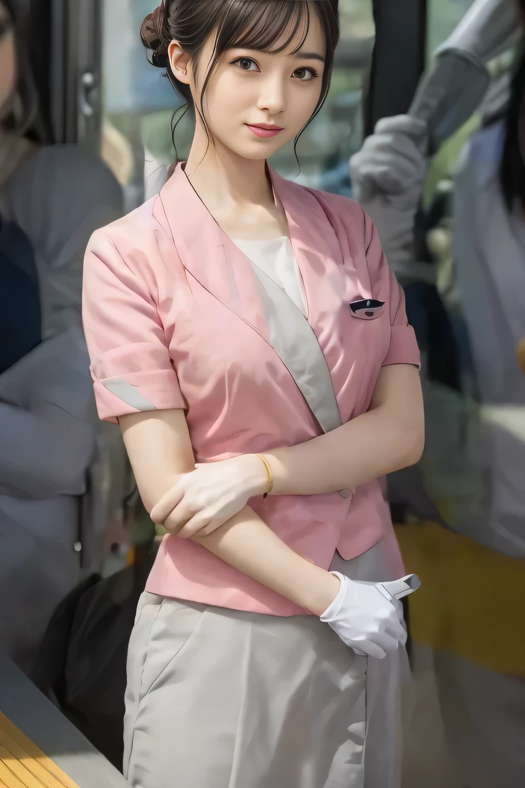 (masterpiece:1.2, Highest quality:1.2), 32k HDR, High resolution, (alone、1 girl)、(On the rooftop of a building in the daytime、Professional Lighting)、Building rooftop background、(Nankai train crew uniform pinkを着たリアルスタイル)、(Nankai train crew uniform pink short sleeve collarless pink jacket、Nankai Train Crew Uniform Pink Collarless Short Sleeve Blouse、Nankai Train Crew Uniform Pink Grey Knee-length Culottes)、((The bottom of the pink short-sleeved jacket cannot be tucked into the clay-colored culottes.))、Dark brown hair、(Hair tied up、Hair Bun、Hair Bun)、Dark brown hair、Long Shot、Big Breasts、Thin legs、((Great hands:2.0)),((Harmonious body proportions:1.5)),((Normal limbs:2.0)),((Normal finger:2.0)),((Delicate eyes:2.0)),((Normal eyes:2.0)))、(Nankai Train Crew Uniform Pink Grey Knee-length Culottesを見せた美しい立ち姿)、smile