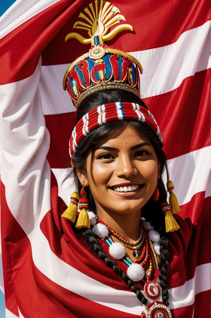 Main Image**:
Peruvian flag waving
**Decorative Elements**:
Peruvian symbols and decorative band in red and white.
