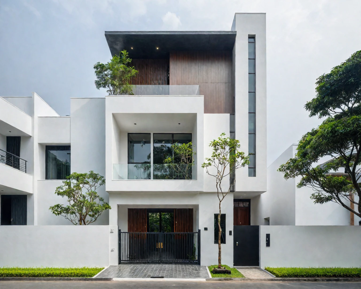 RAW photo, a photo of a modern villa, sidewalk, sidewalk trees, steel gate, road, viet nam modern residence, a car parked in front of it, rough white wall, new residential area, wide angle exterior 2022, contemporary house, exterior photography, masterpiece, contemporary architecture, overcast, indirect lighting