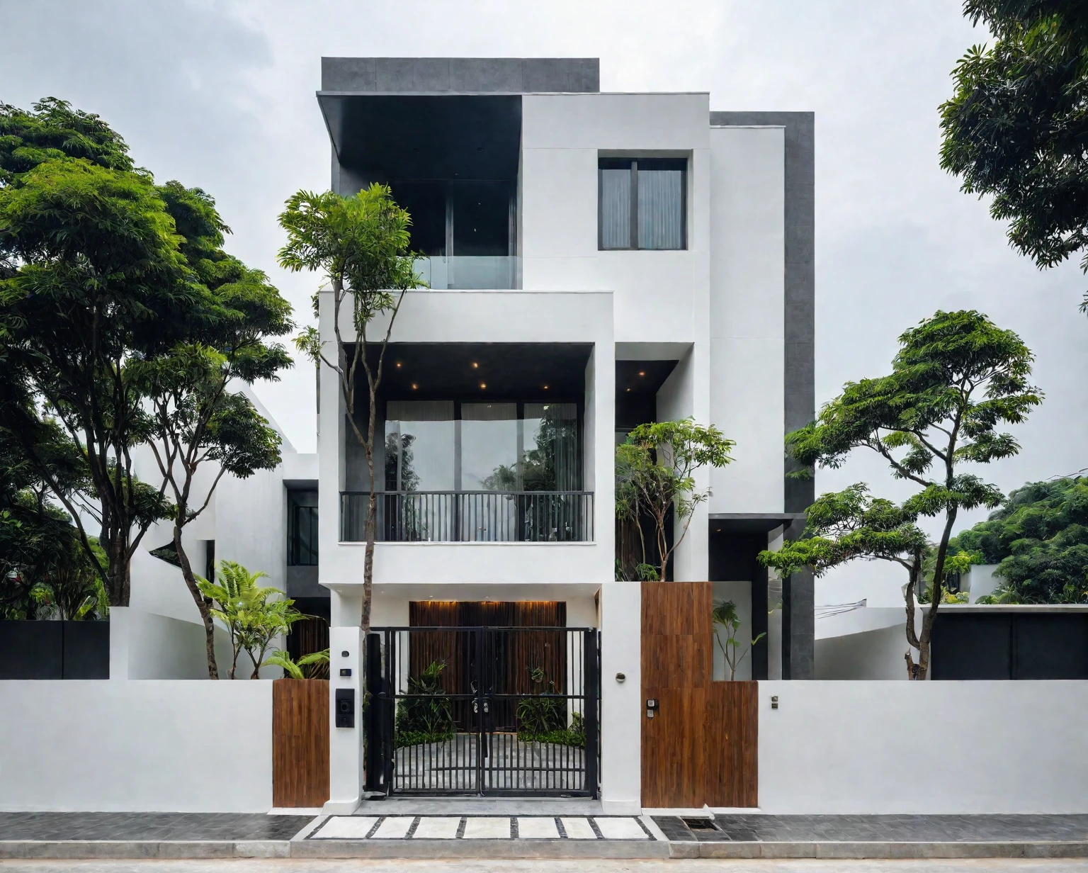 RAW photo, a photo of a modern villa, sidewalk, sidewalk trees, steel gate, road, viet nam modern residence, a car parked in front of it, rough white wall, new residential area, wide angle exterior 2022, contemporary house, exterior photography, masterpiece, contemporary architecture, overcast, indirect lighting
