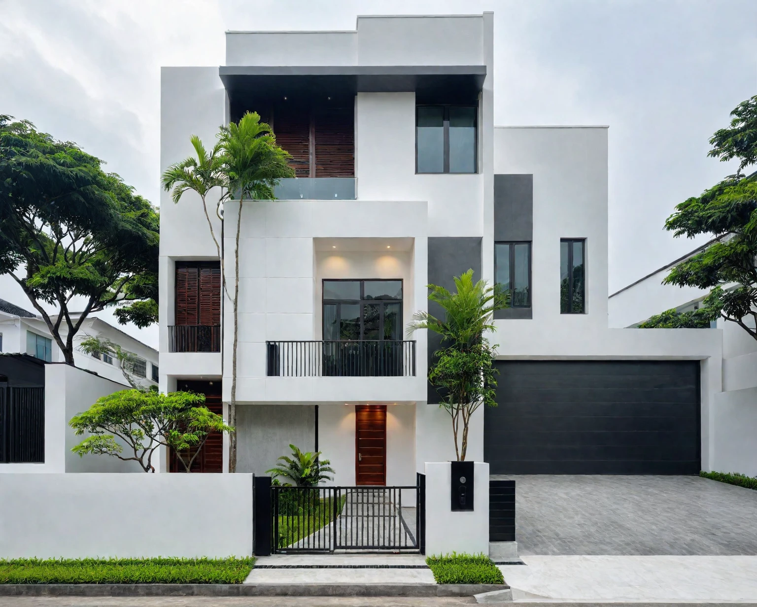 RAW photo, a photo of a modern villa, sidewalk, sidewalk trees, steel gate, road, viet nam modern residence, a car parked in front of it, rough white wall, new residential area, wide angle exterior 2022, contemporary house, exterior photography, masterpiece, contemporary architecture, overcast, indirect lighting