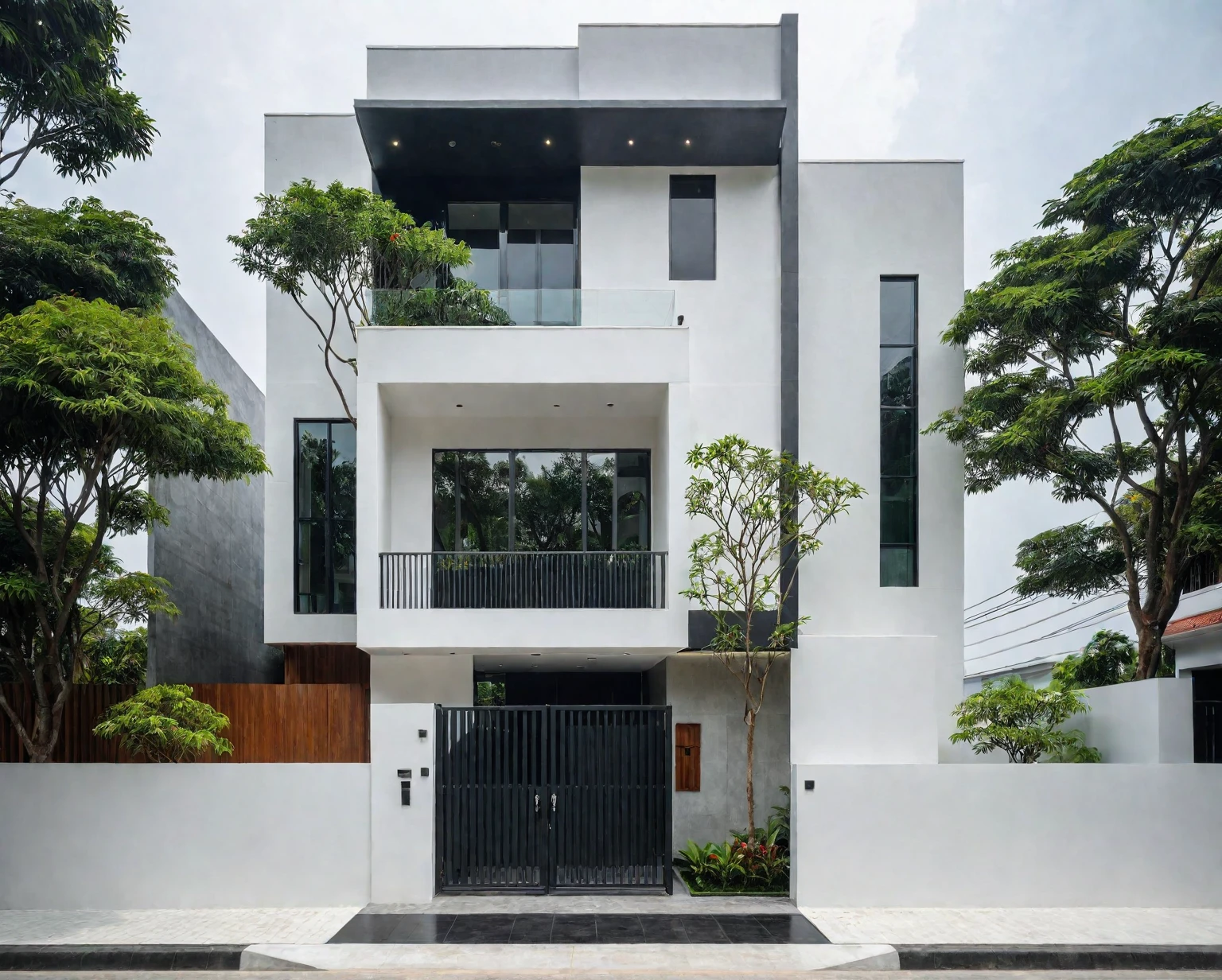 RAW photo, a photo of a modern villa, sidewalk, sidewalk trees, steel gate, road, viet nam modern residence, a car parked in front of it, rough white wall, new residential area, wide angle exterior 2022, contemporary house, exterior photography, masterpiece, contemporary architecture, overcast, indirect lighting