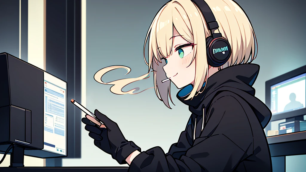((highest quality)), ((masterpiece)), (be familiar with), (Working in a dark computer room)short hair、perfect face,white half-up hair,green mesh blonde、Smoke a cigarette、cool black hoodie,headphones,black gloves,turtleneck,alone,İcon、profile、Right beside、Expressionless、smile、Light-colored clothing