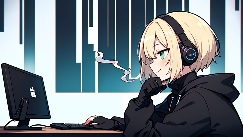 ((highest quality)), ((masterpiece)), (be familiar with), (Working in a dark computer room)short hair、perfect face,white half-up hair,green mesh blonde、Smoke a cigarette、cool black hoodie,headphones,black gloves,turtleneck,alone,İcon、profile、Right beside、Expressionless、smile、Light-colored clothing