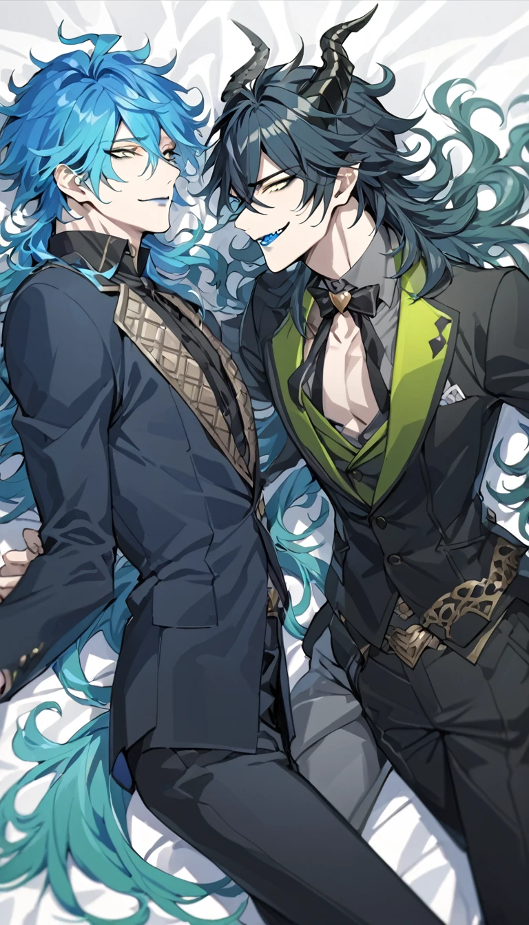 best quality,  ((2 mens)), 24 years old, AddXL, 2boy, masterpiece, best quality, extremely detailed, anime, highres, dance,  (1nd boy, malleus draconia \(twisted wonderland\) horns, bishounen, boy, male, long hair, black hair, yellow green eyes, smile, gray lips, handsome, skinny, tall, yellow green glow, anime style), (2st boy,Idia Shroud, bishounen, boy, male, extremely long hair, blue hair, blue fire hair, wavy hair, yellow eyes, tired expression, blue lips, handsome, skinny, geeky, blue glow, shark teeth, anime style,) best quality, extremely detailed, anime, highres, nsfw, [:(school uniform, blazer, Vest Double ):0.3] , open blazer, smile, lying on back, 