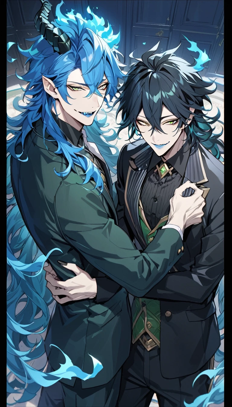 best quality,  ((2 mens)), 24 years old, AddXL, 2boy, masterpiece, best quality, extremely detailed, anime, highres, dance,  (1nd boy, malleus draconia \(twisted wonderland\) horns, bishounen, boy, male, long hair, black hair, yellow green eyes, smile, gray lips, handsome, skinny, tall, yellow green glow, anime style), (2st boy,Idia Shroud, bishounen, boy, male, extremely long hair, blue hair, blue fire hair, wavy hair, yellow eyes, tired expression, blue lips, handsome, skinny, geeky, blue glow, shark teeth, anime style,) best quality, extremely detailed, anime, highres, nsfw, [:(school uniform, blazer, Vest Double ):0.3] , open blazer, smile, lying on back, 