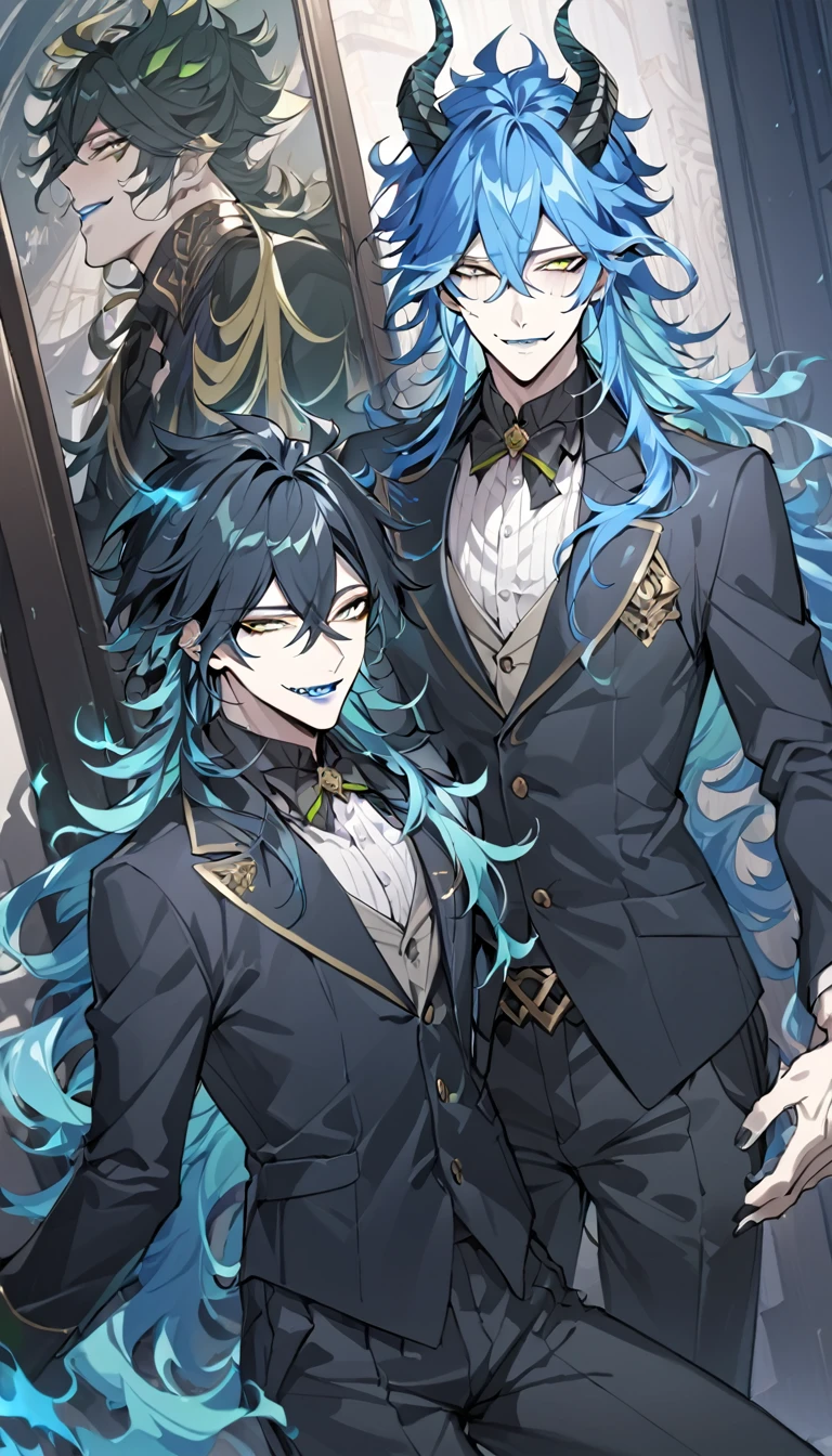 best quality,  ((2 mens)), 24 years old, AddXL, 2boy, masterpiece, best quality, extremely detailed, anime, highres, dance,  (1nd boy, malleus draconia \(twisted wonderland\) horns, bishounen, boy, male, long hair, black hair, yellow green eyes, smile, gray lips, handsome, skinny, tall, yellow green glow, anime style), (2st boy,Idia Shroud, bishounen, boy, male, extremely long hair, blue hair, blue fire hair, wavy hair, yellow eyes, tired expression, blue lips, handsome, skinny, geeky, blue glow, shark teeth, anime style,) best quality, extremely detailed, anime, highres, nsfw, [:(school uniform, blazer, Vest Double ):0.3] , open blazer, smile, lying on back, 